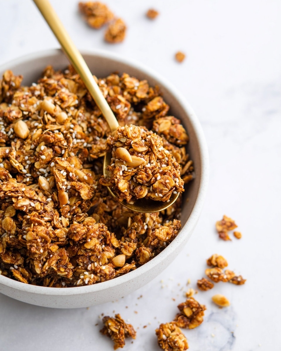 A close-up view of a white bowl filled with crunchy granola clusters made of oats, seeds, and nuts in shades of brown and beige. The clusters have a rough, textured surface with some lighter sesame seeds sprinkled on top. A gold spoon lifts a piece of the granola from the bowl, its shiny surface contrasting with the rough granola. Around the bowl, more small granola pieces are scattered on a white marbled surface, adding a natural, casual look. The background is clean and white, focusing all attention on the granola bowl photo taken with an iphone --ar 4:5 --v 7