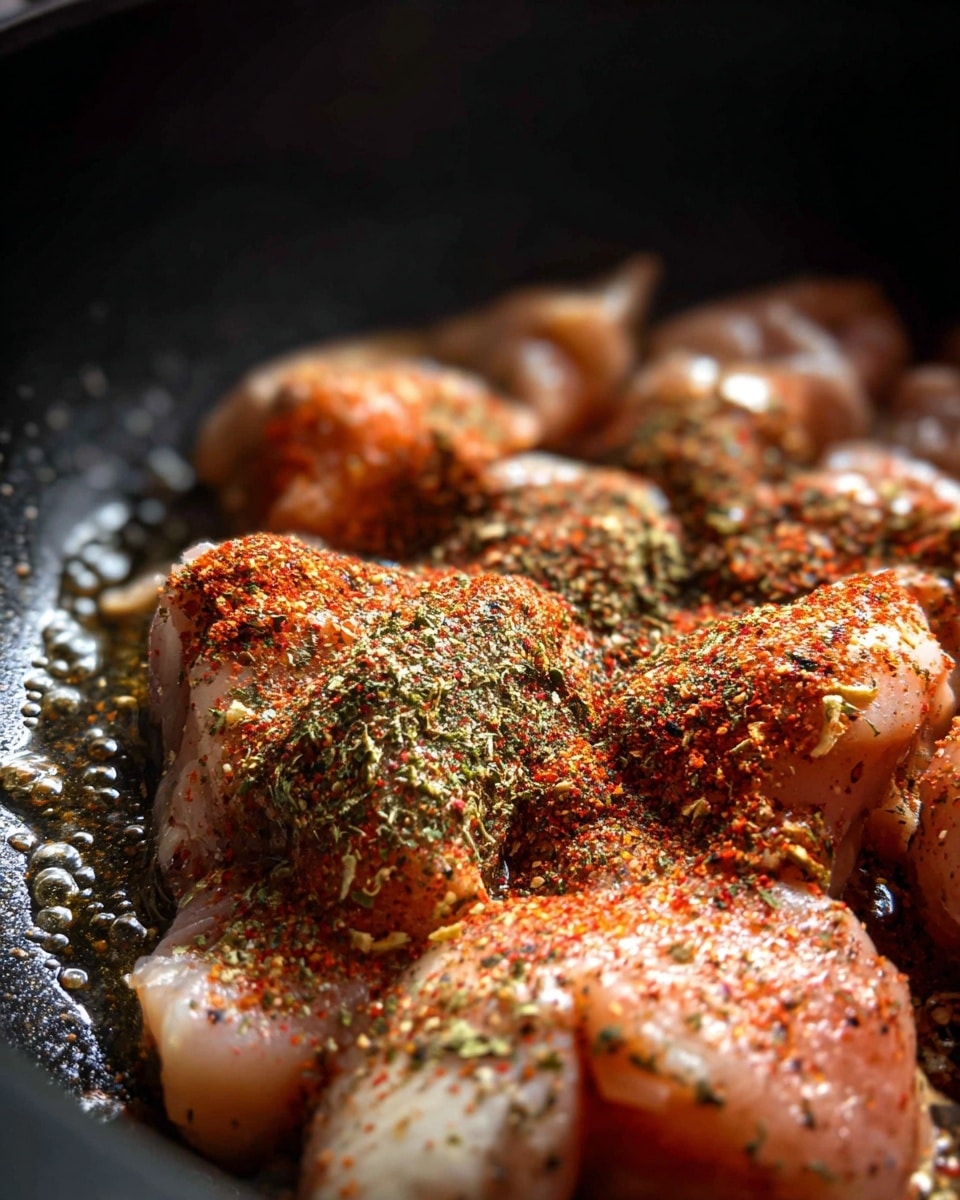 The image shows small pieces of raw light pink chicken layered on the bottom of a dark pan with a shiny oily surface. The chicken pieces are sprinkled with bright red, green, and brown spices, evenly covering the top and sides, creating a textured look with specks and flakes of herbs. The focus is on the center where the seasoning is heaviest, while the edges fade softly into the dark pan's surface. Light reflects on the oil, showing small bubbles and shimmer, giving a fresh and raw impression. Photo taken with an iphone --ar 4:5 --v 7