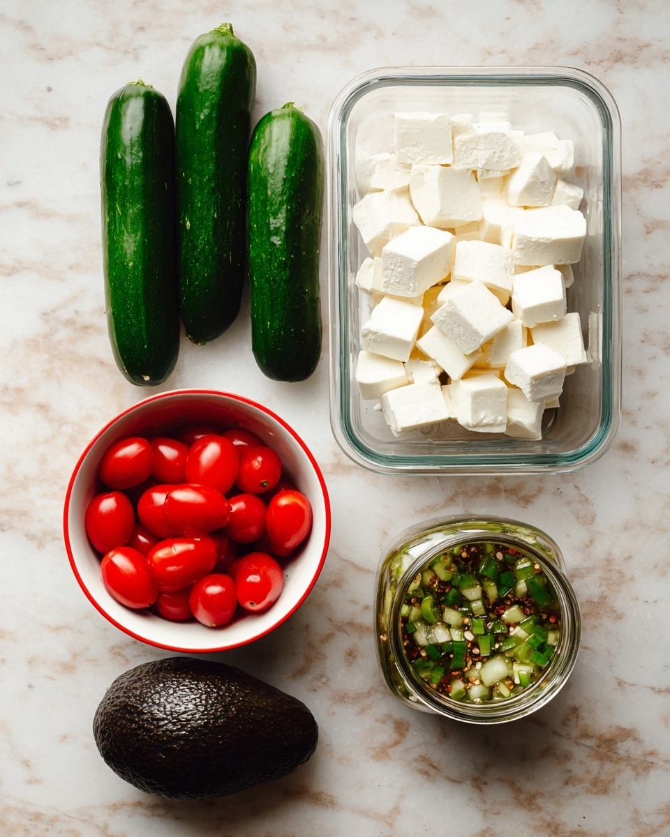 The image shows several fresh ingredients arranged neatly on a white marbled surface. There are two whole dark green cucumbers placed horizontally at the top left. Below them is a clear rectangular glass container filled with white cubed cheese or tofu. To the right of the cucumbers is a white bowl with a red rim, filled with small bright red cherry tomatoes. Below the bowl sits a whole dark green avocado with a bumpy texture. At the bottom right corner, there is a glass jar containing a liquid mixture with chopped green onions and spices visible inside. photo taken with an iphone --ar 4:5 --v 7