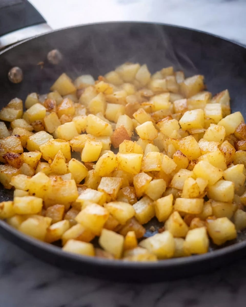 The image shows a black pan filled with small, evenly diced potatoes that are lightly browned and cooked, giving off steam that rises gently. The potato pieces are golden-yellow with some slightly crispy brown edges, creating a textured look across the pan's surface. The background is a white marbled texture that contrasts softly with the dark pan. The view is close-up, capturing the warmth and fresh cooking surface. Photo taken with an iphone --ar 4:5 --v 7