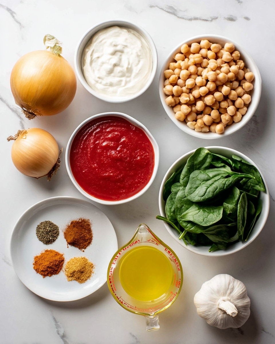 The image shows eight ingredients neatly arranged on a white marbled surface. From top left, there is a whole yellow onion, a white bowl filled with smooth, white yogurt above a white bowl of light brown chickpeas, a white bowl with bright red sauce on the right. Below the onion, there is a small white plate holding three piles of spices in light brown, dark brown, and orange colors. Next to it is a clear glass measuring cup with yellow liquid, and beside that, a white bowl full of fresh, dark green spinach leaves. To the right of the chickpeas and red sauce is a whole bulb of white garlic. The scene is bright and clean with soft natural light, photo taken with an iphone --ar 4:5 --v 7