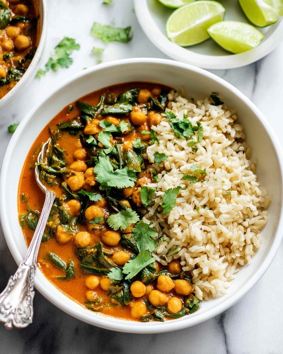 A white bowl filled halfway with light brown cooked rice on the right side and orange chickpea curry with green spinach leaves on the left side, topped with fresh green cilantro leaves. A vintage silver spoon is placed inside the bowl, partially submerged in the curry. In the background, three lime wedges rest on a white marbled surface, and a separate white bowl of light brown rice is slightly blurred. The overall scene is bright with natural light. photo taken with an iphone --ar 4:5 --v 7