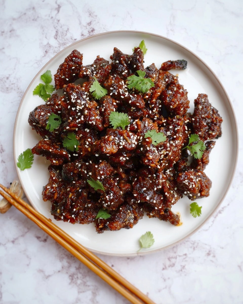 A white plate filled with multiple pieces of dark brown crispy fried meat coated with a shiny sauce, sprinkled with white sesame seeds. Small green cilantro leaves are scattered on top for decoration. The plate is placed on a white marbled surface, with a pair of light wooden chopsticks resting beside it. photo taken with an iphone --ar 4:5 --v 7
