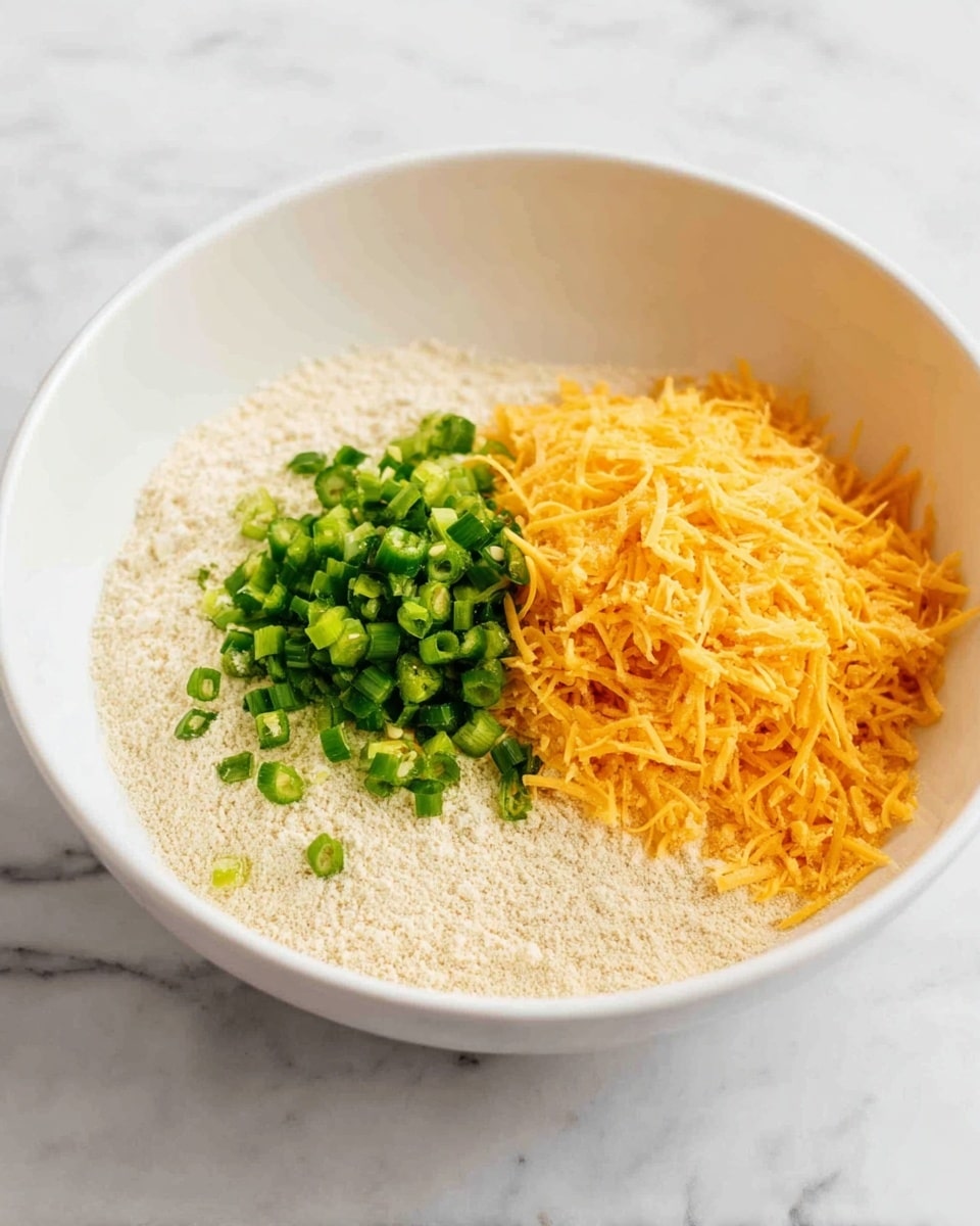 A white bowl sits on a white marbled surface, containing three main layers: a base layer of light beige flour covering most of the bowl, a small pile of finely chopped bright green jalapenos on the left side, and a larger heap of shredded vibrant orange cheddar cheese on the right side. The focuses are on the contrast between the pale flour, the fresh green jalapenos, and the rich orange cheese, all neatly placed without mixing. Photo taken with an iphone --ar 4:5 --v 7