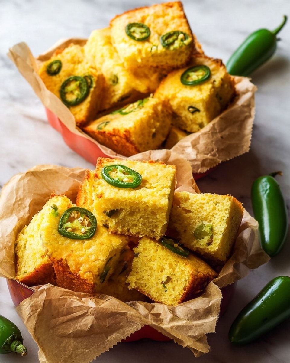 The image shows two white round baskets filled with golden yellow cornbread squares. Each square has visible green slices of jalapeño peppers baked on top, adding texture and color. The baskets are lined with crumpled brown parchment paper, enhancing the rustic look. The cornbread pieces are stacked unevenly in both baskets, with some squares leaning on others. Around the baskets, three whole fresh green jalapeños are scattered on a white marbled surface. The lighting highlights the soft crumb texture and slightly crispy edges of the cornbread. photo taken with an iphone --ar 4:5 --v 7