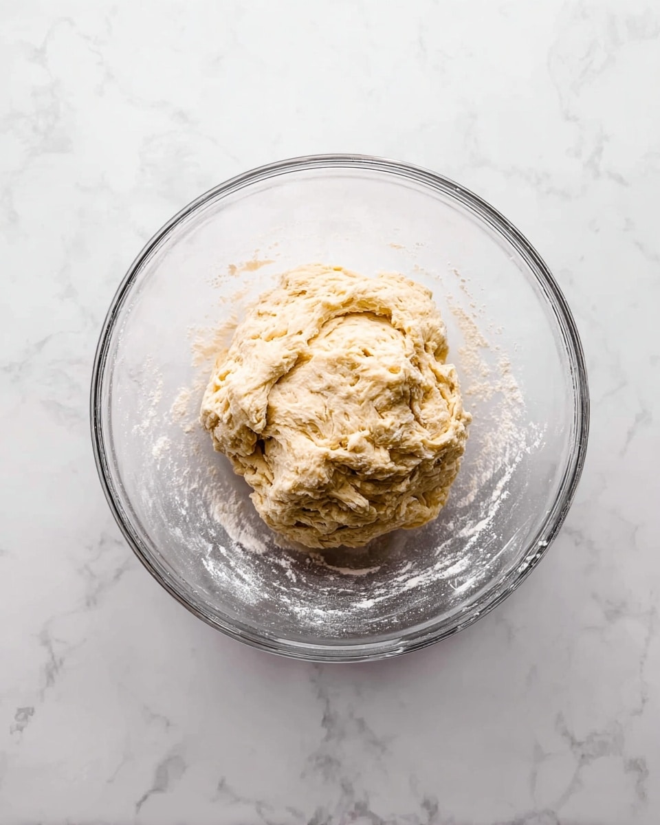 A single clear glass bowl sits in the middle of a white marbled surface, holding a rough, uneven ball of light beige dough. The dough looks soft and sticky, with small lumps and folds showing its texture. There is a light dusting of flour around the dough inside the bowl. The bowl's surface shines gently, giving a clean and fresh look to the scene. photo taken with an iphone --ar 4:5 --v 7