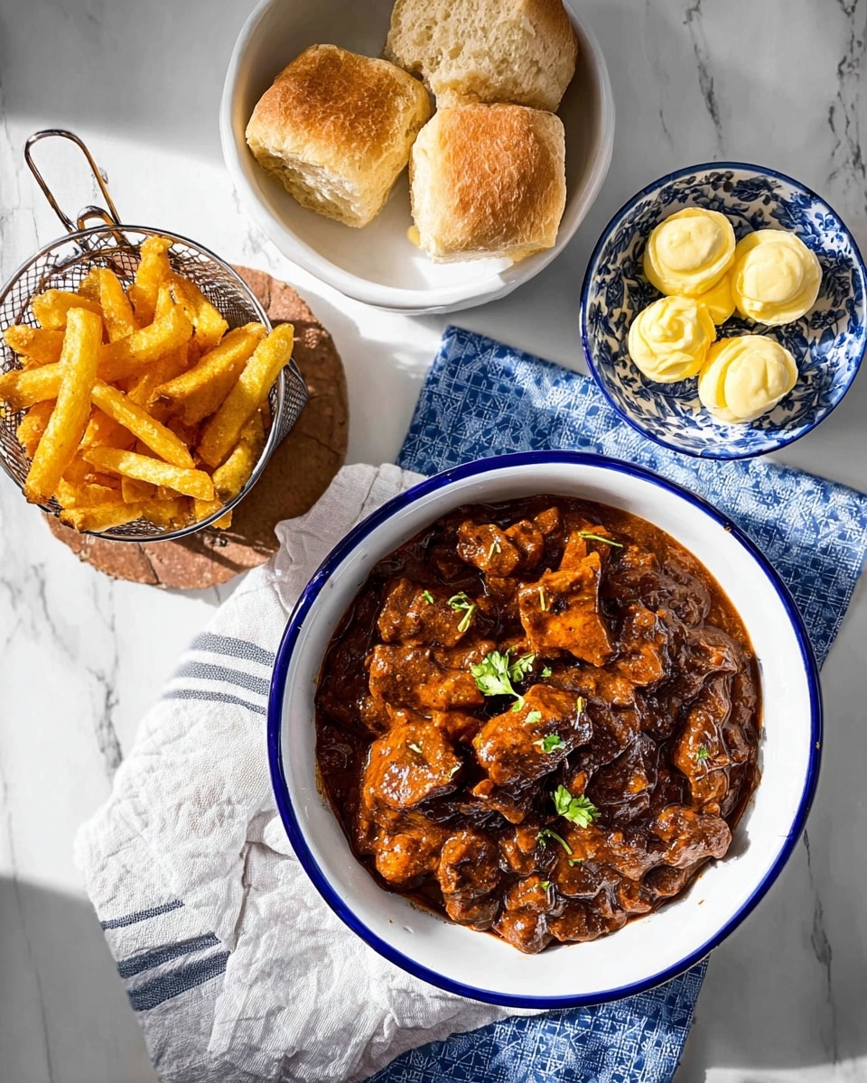 The image shows a white enamel bowl with a blue rim filled with a rich, thick, brown stew with chunks of meat and a few green herb leaves sprinkled on top, placed on a white marbled surface with a blue and white cloth underneath. Above it, there is a white enamel dish with a blue rim holding two square light brown bread rolls, one of which is torn open showing the soft inside. To the right, a small, round, white bowl with blue patterns contains six swirls of pale yellow butter. In the bottom left corner, a small wire basket holds thick, golden-brown crispy fries. The scene is lit brightly with shadows cast on the white marbled surface. Photo taken with an iphone --ar 4:5 --v 7