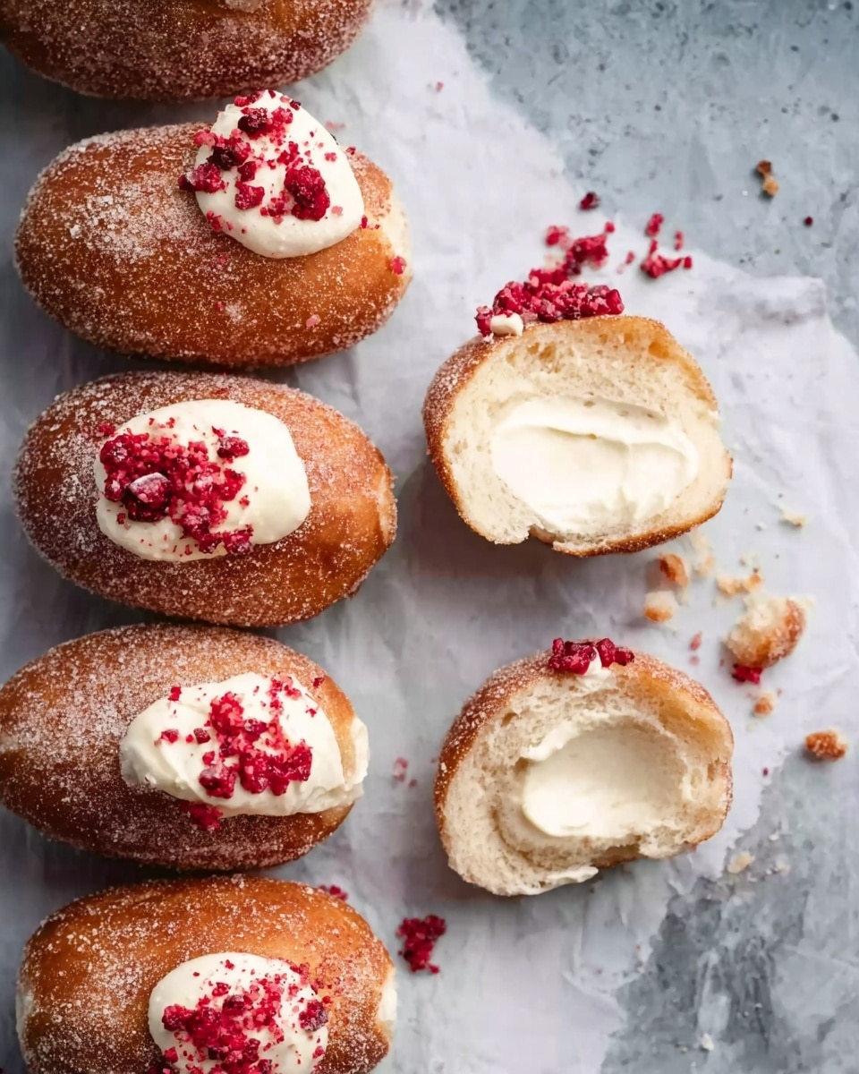 The image shows seven small round doughnuts covered in sugar on a white marbled surface. Four doughnuts are whole and arranged in a line on the left side, each topped with a dollop of white cream and some red berry pieces. One doughnut is split open on the right side, revealing a thick, smooth white cream filling inside. Small crumbs and bits of red berry are scattered around the doughnuts. The colors focus mainly on light brown dough, white cream, and red berry bits with a textured dark gray paper beneath part of the doughnuts. Photo taken with an iphone --ar 4:5 --v 7