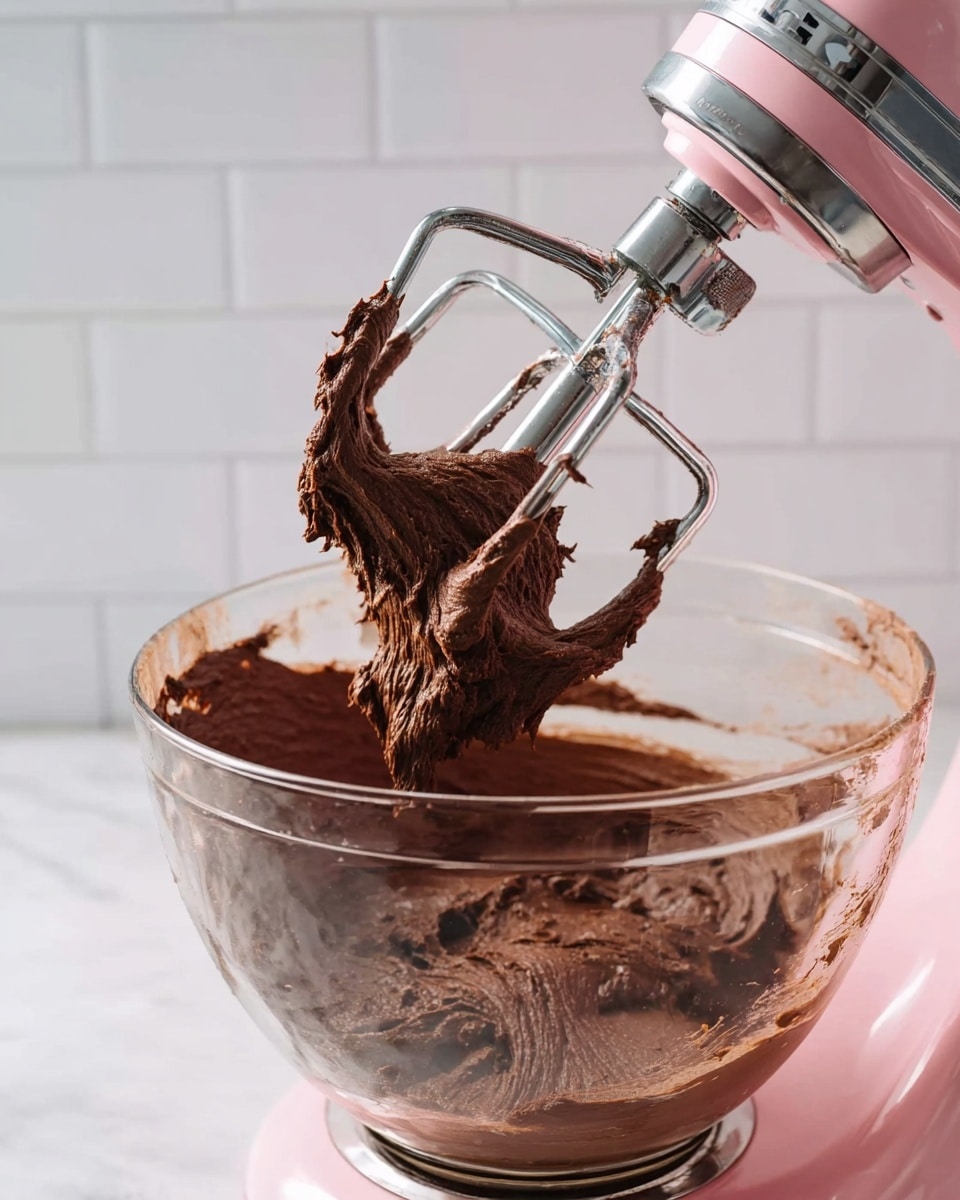 A close-up of a clear glass mixing bowl attached to a pink stand mixer, filled with thick, dark brown chocolate batter. The batter forms soft peaks and clings to the metal beaters, showing a rich and creamy texture. The backdrop is a white tiled wall, and the bowl sits on a white marbled surface. The motion of the mixer is captured as the batter swirls around the beaters. photo taken with an iphone --ar 4:5 --v 7