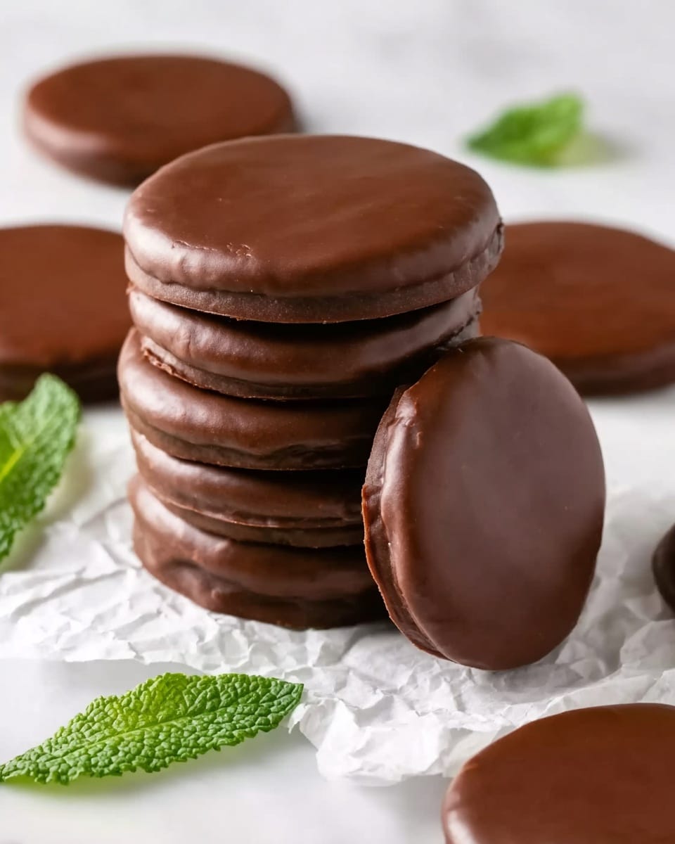 A stack of six smooth, shiny chocolate-covered round cookies sits in the center on a white marbled surface with crinkled white paper underneath. One cookie leans against the stack, showing a smooth chocolate layer all around. Around the stack, more chocolate cookies lay flat, each with the same smooth shine. Bright green mint leaves are scattered nearby, adding fresh color contrast. photo taken with an iphone --ar 4:5 --v 7