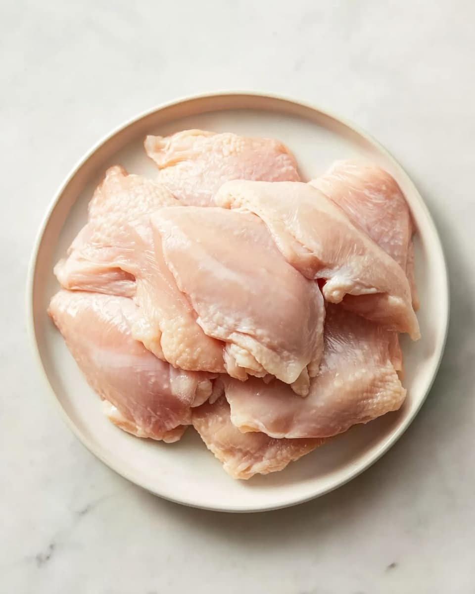 A white round plate filled with raw chicken pieces neatly stacked in layers, showing smooth, pale pink skin with some glossy, slightly wet texture. The chicken layers overlap each other, lying flat on the plate, which sits on a white marbled surface. The lighting highlights the softness and freshness of the chicken meat, with no other objects around. Photo taken with an iphone --ar 4:5 --v 7