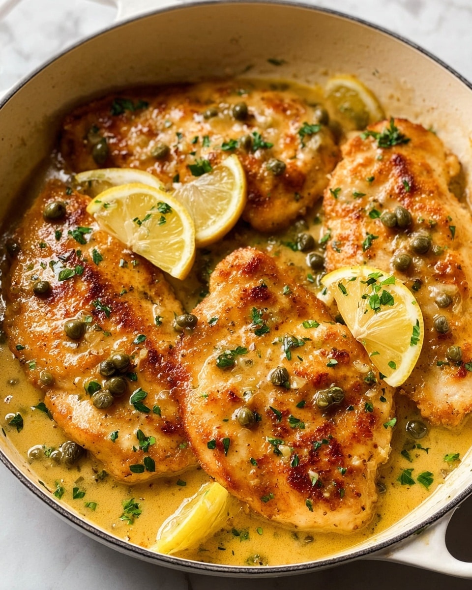 The image shows a close-up of five golden brown chicken cutlets layered closely inside a round white pot with a creamy yellow sauce covering the chicken. Small green capers and chopped parsley are scattered across the chicken, adding dots of green color. There are two bright yellow lemon wedges placed on the left and bottom edges of the pot. The sauce looks smooth with a few bubbles, and the chicken has a slightly crispy texture with darker brown spots on the edges. The pot is positioned on a white marbled surface. photo taken with an iphone --ar 4:5 --v 7