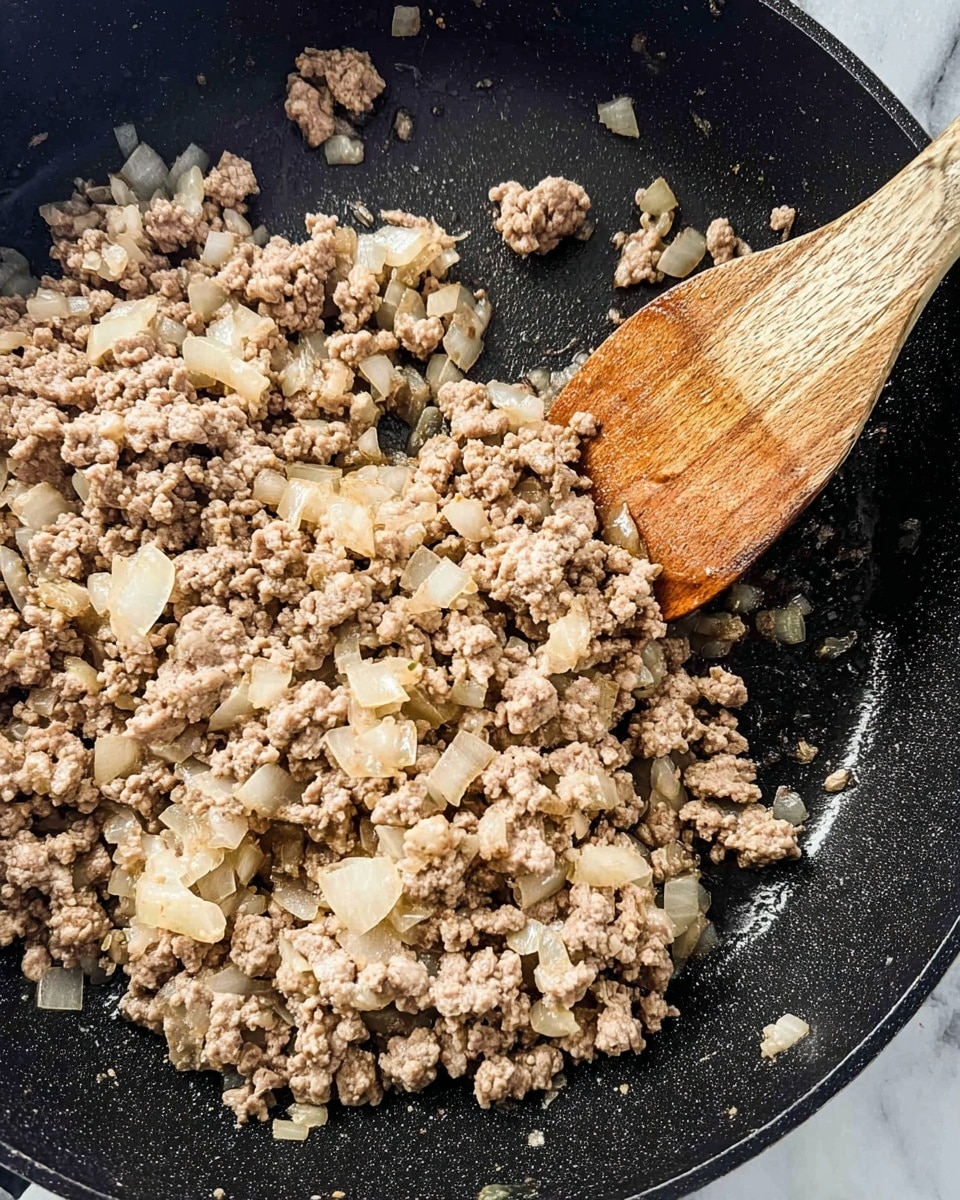 A close-up view of cooked ground meat mixed with small pieces of cooked onions in a black pan. The meat is light brown and crumbly in texture, mixed evenly with translucent, soft onion chunks. A wooden spoon with a worn handle is resting on the meat, partially stirring it. The pan has a slightly rough black surface, and there are a few small bits of meat and onion scattered around the edges. The scene is set on a white marbled surface. photo taken with an iphone --ar 4:5 --v 7