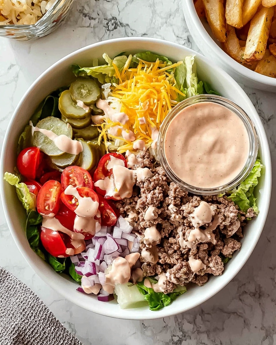 A white bowl filled with fresh green lettuce at the base, topped with bright red halved cherry tomatoes on one side, several light green pickle slices along another edge, finely chopped red onions, and a pile of shredded yellow cheese near the top. On the right side, there is a generous serving of cooked ground beef with a creamy, light pink sauce drizzled over parts of it and the tomatoes. In the bowl, a small clear glass cup holds extra creamy pink sauce. The bowl sits on a white marbled surface with a corner showing part of another white bowl with thick-cut fries. photo taken with an iphone --ar 4:5 --v 7