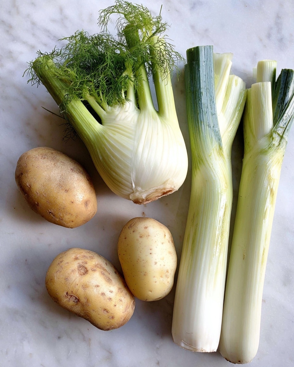 The image shows two light brown potatoes with a rough texture, two round white fennel bulbs with green stalks and soft feathery leaves, and three long white and light green leeks with their blue-green tops trimmed. All vegetables are placed separately on a white marbled surface in a casual arrangement. The colors are soft and natural with a fresh look. photo taken with an iphone --ar 4:5 --v 7