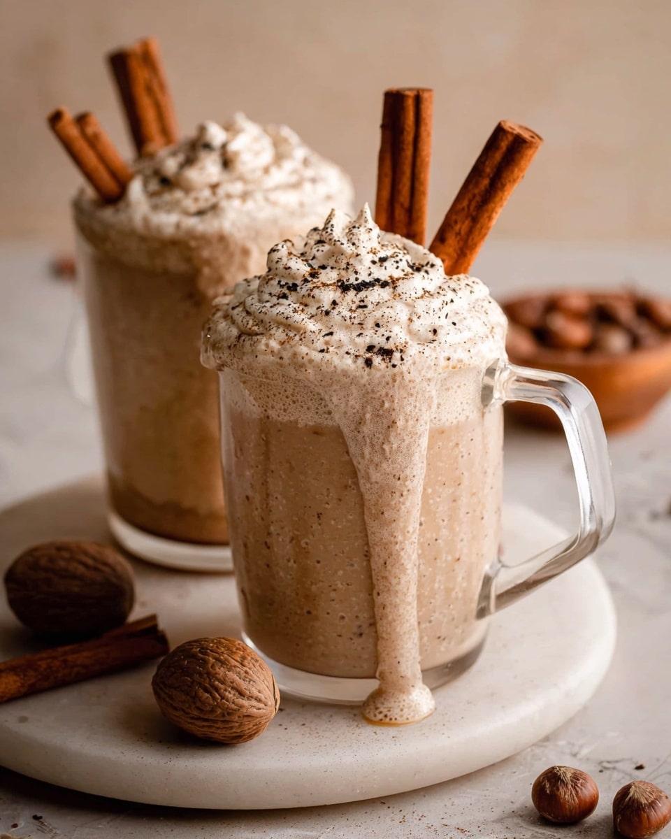 Two clear glass mugs filled with a light brown creamy drink topped with a thick, foamy layer of whipped cream sprinkled with dark specks of spice. Each mug has two cinnamon sticks standing upright in the whipped cream. The front mug shows the drink overflowing, with the creamy foam dripping down the side of the mug onto a round white plate. Around the plate are three whole brown nuts and a cinnamon stick, placed on a soft white marbled surface. In the background, there is a small bowl with more nuts slightly blurred. Photo taken with an iphone --ar 4:5 --v 7