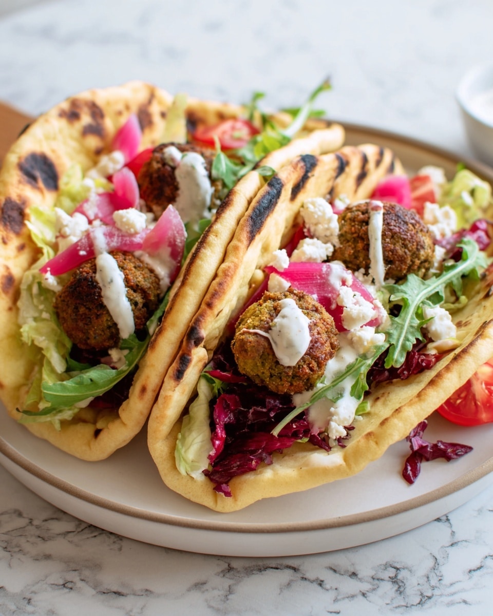 Two flatbreads folded into tacos are placed side by side on a white plate over a white marbled surface. Each flatbread is golden brown with charred spots and looks soft and warm. Inside, there are three round, brown falafel balls with a rough texture. Green lettuce leaves and dark red, thinly sliced radicchio create a fresh layer beneath the falafel. Bright red cherry tomato halves are scattered inside along with small bits of pale pink pickled vegetables. White crumbled cheese sits on top along with a drizzle of white sauce. Some dark green arugula leaves peek out from the sides. The colors and layers create a fresh and tasty look. Photo taken with an iphone --ar 4:5 --v 7