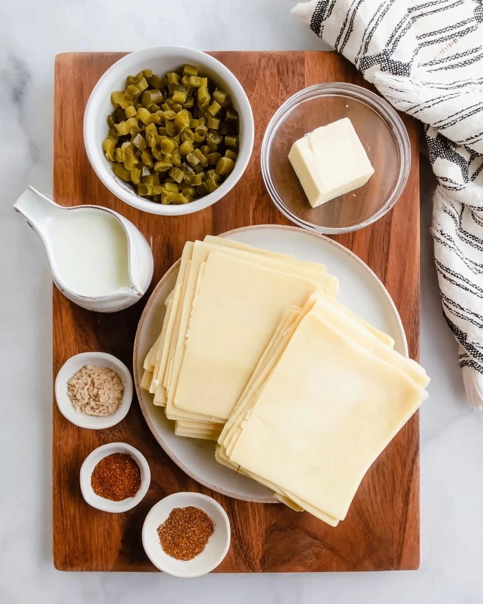 A wooden board with several small white bowls and a white plate arranged on it, placed on a white marbled surface. The white plate holds several layers of pale yellow cheese slices, stacked neatly, filling most of the plate. On the board, there is a white bowl filled with chopped green pickles, another small clear bowl with a square piece of cream-colored butter, a silver measuring cup with milk, and a white bowl with three small piles of ground spices in brown, reddish, and light beige colors. A white cloth with black stripes is partially visible at the top right of the board. photo taken with an iphone --ar 4:5 --v 7