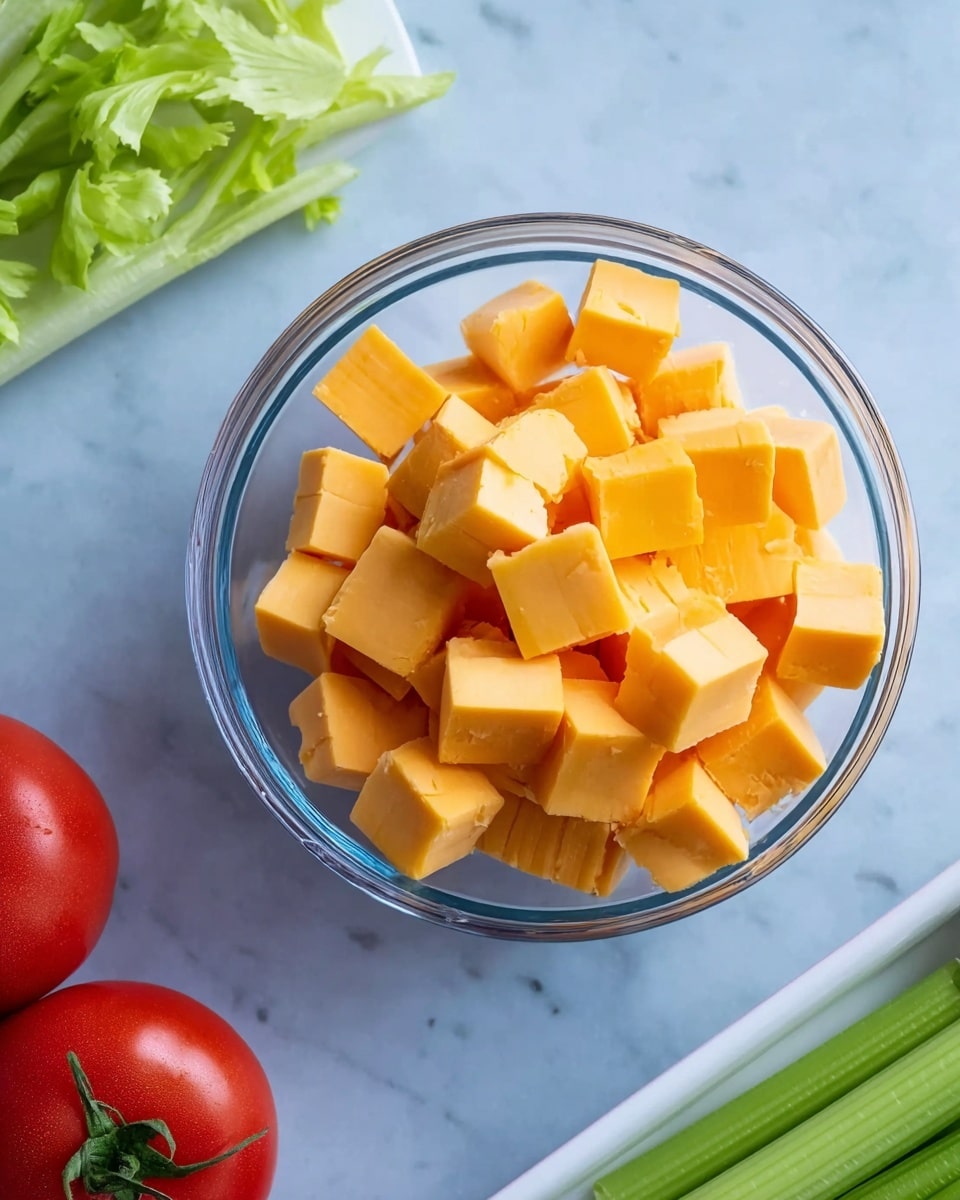 A clear glass bowl sits in the center filled with many small cubes of orange-yellow cheese, stacked loosely with some on top of others. Below and to the left of the bowl, two red tomatoes with green stems rest on a smooth white marbled surface. To the bottom right, a white rectangular dish holds fresh green celery stalks. The overall background is a soft blue color. Photo taken with an iphone --ar 4:5 --v 7