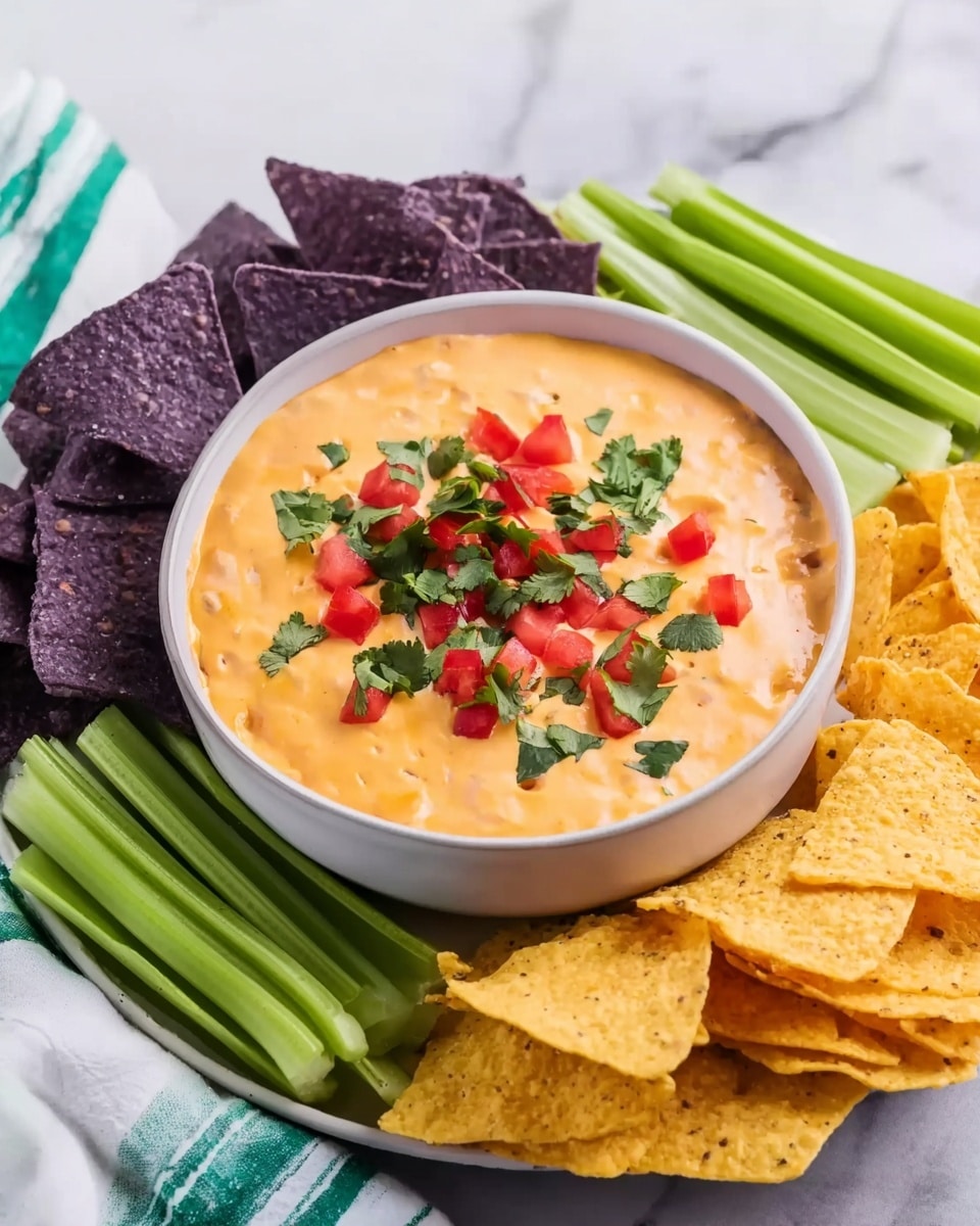 A white bowl filled with creamy orange cheese dip is placed in the center, topped with small red tomato pieces and green cilantro leaves. The bowl is surrounded by two stacks of tortilla chips arranged in a circle on a white marbled surface: one stack of yellow chips and another of dark purple chips. Fresh green celery sticks are arranged in pairs on opposite sides of the bowl, adding a fresh touch. A white and green striped cloth napkin is visible in the background. photo taken with an iphone --ar 4:5 --v 7