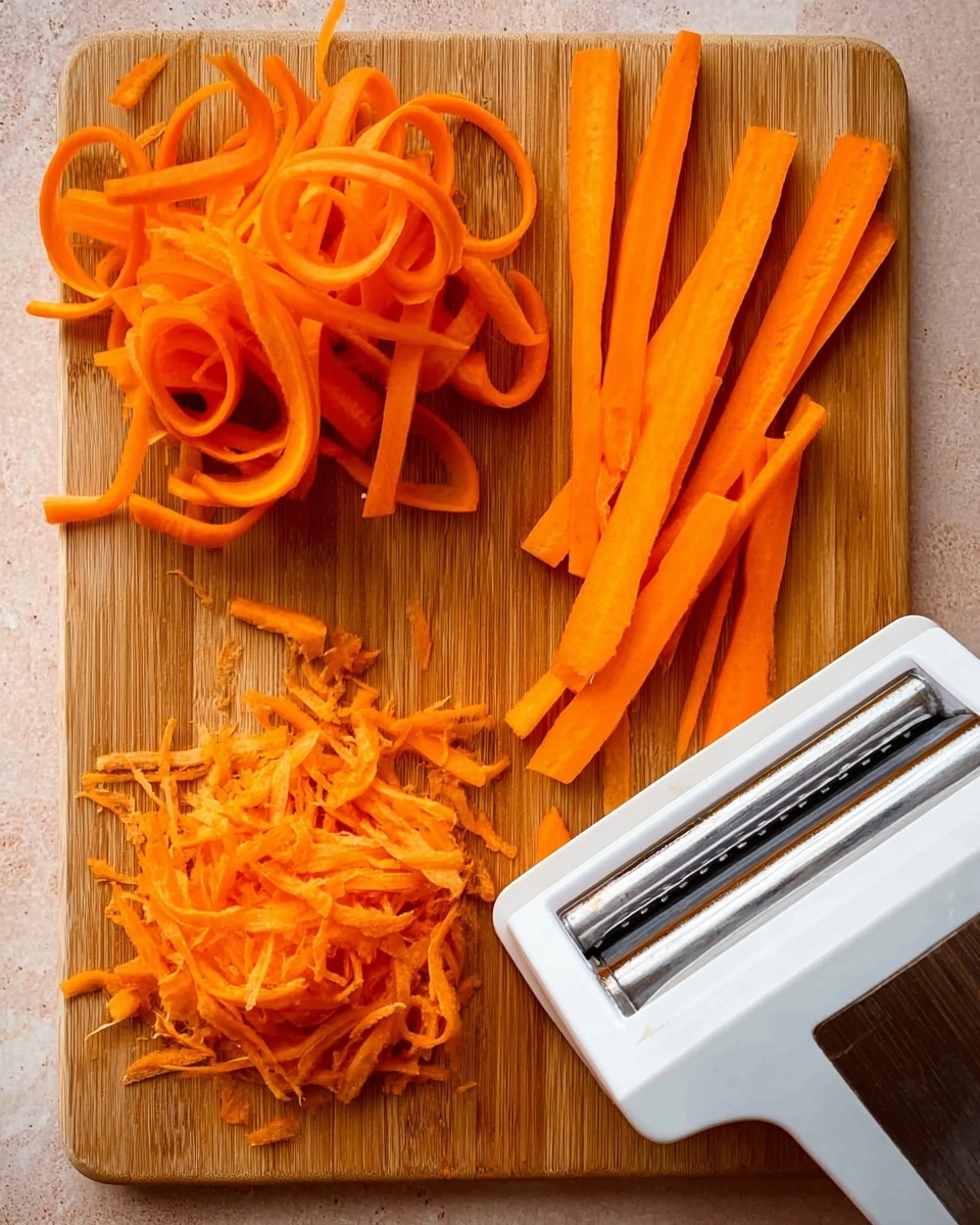 A wooden board is filled with bright orange carrot slices in different shapes and sizes: thin curled ribbons stacked towards the top left, thicker sticks in the middle, and a small pile of thin peelings near the bottom left. On the right side of the board is a white plastic slicer with a silver blade. The carrots are fresh and vibrant, showing smooth and rough textures from the peels and slices. The scene has a clean and simple look with natural lighting. Photo taken with an iphone --ar 4:5 --v 7