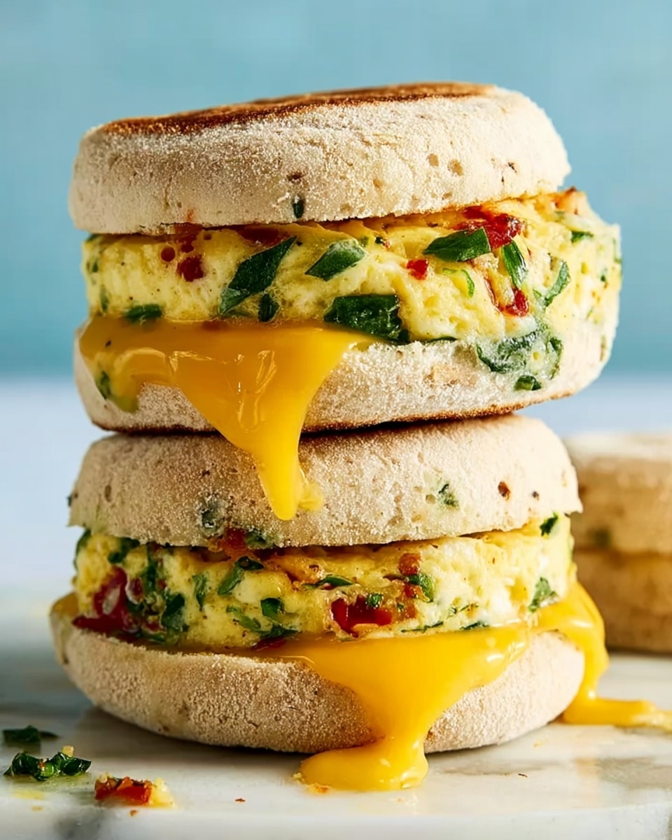 The image shows two stacked English muffins, each sandwiching a layer of cooked egg mixed with green herbs and red bits, with a slice of melted yellow cheese dripping down the side. The muffin tops are light brown and textured, and the eggs have a soft, slightly uneven surface with visible greens and reds. The background is a soft blue and the muffins sit on a white marbled surface. The photo was taken with an iphone --ar 4:5 --v 7