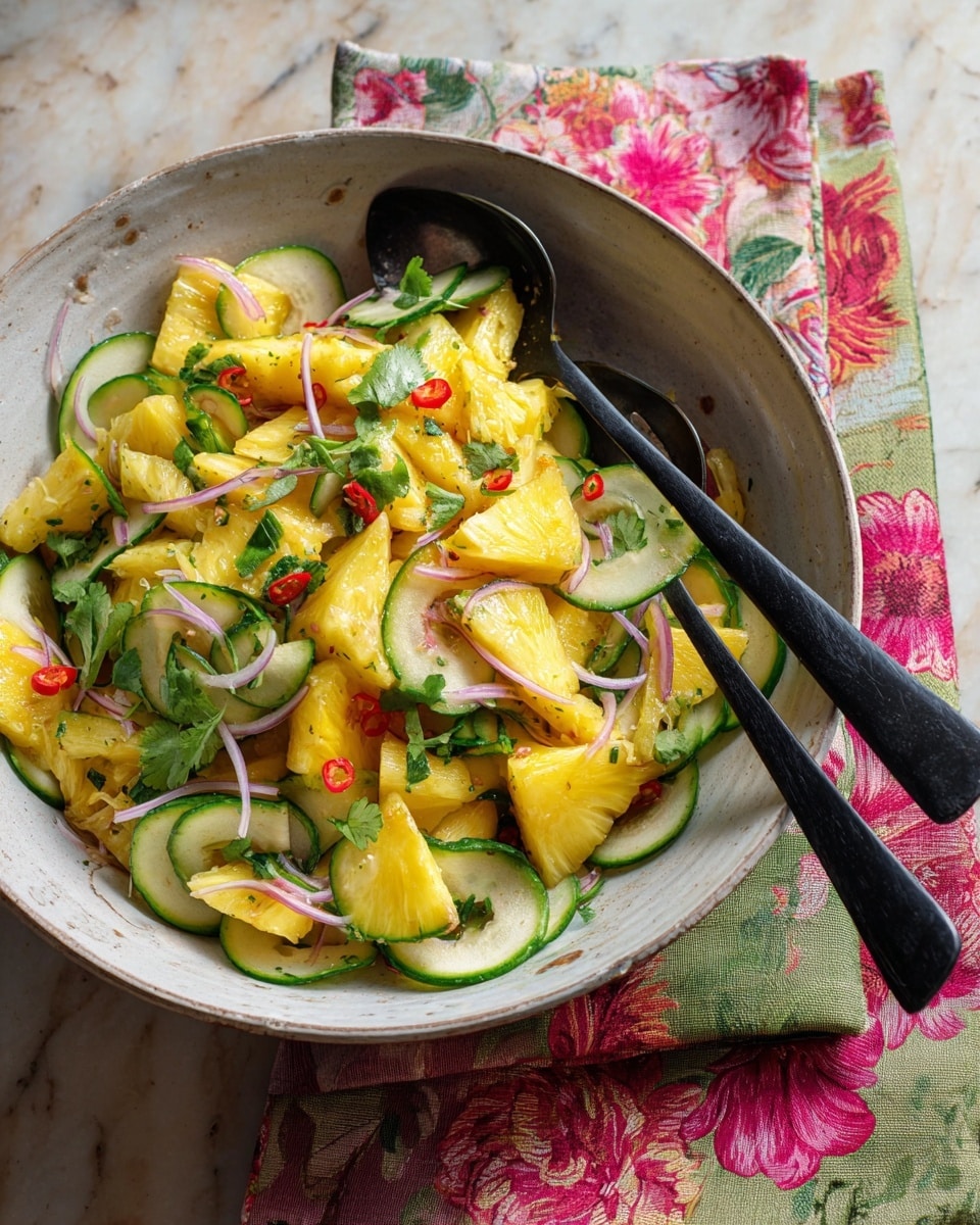 A large white bowl holds a colorful salad with three main layers: the bottom layer is yellow pineapple wedges with a juicy, slightly textured surface; above it are thin, curled slices of light green cucumber with dark green edges; scattered on top are small strips of pale red onion and bright red chili pieces, all mixed with fresh green cilantro leaves. Two black serving spoons rest inside the bowl on the right side. The bowl sits on top of two folded cloths with floral patterns in red, pink, green, and white, placed on a white marbled textured surface. photo taken with an iphone --ar 4:5 --v 7