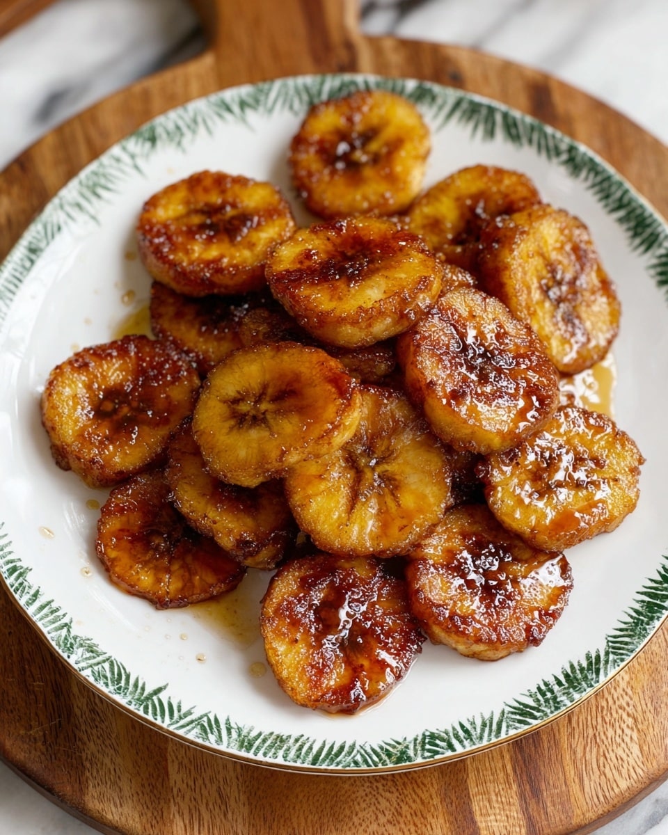 A white plate with a green patterned rim holds a pile of fried plantain slices arranged in about three layers. Each round slice is golden brown with a crispy, caramelized texture on the surface, showing darker brown edges and spots. The plantains have a shiny, slightly sticky appearance, indicating a light glaze or syrup coating. The plate is set on a wooden board with a white marbled background visible at the edges. photo taken with an iphone --ar 4:5 --v 7