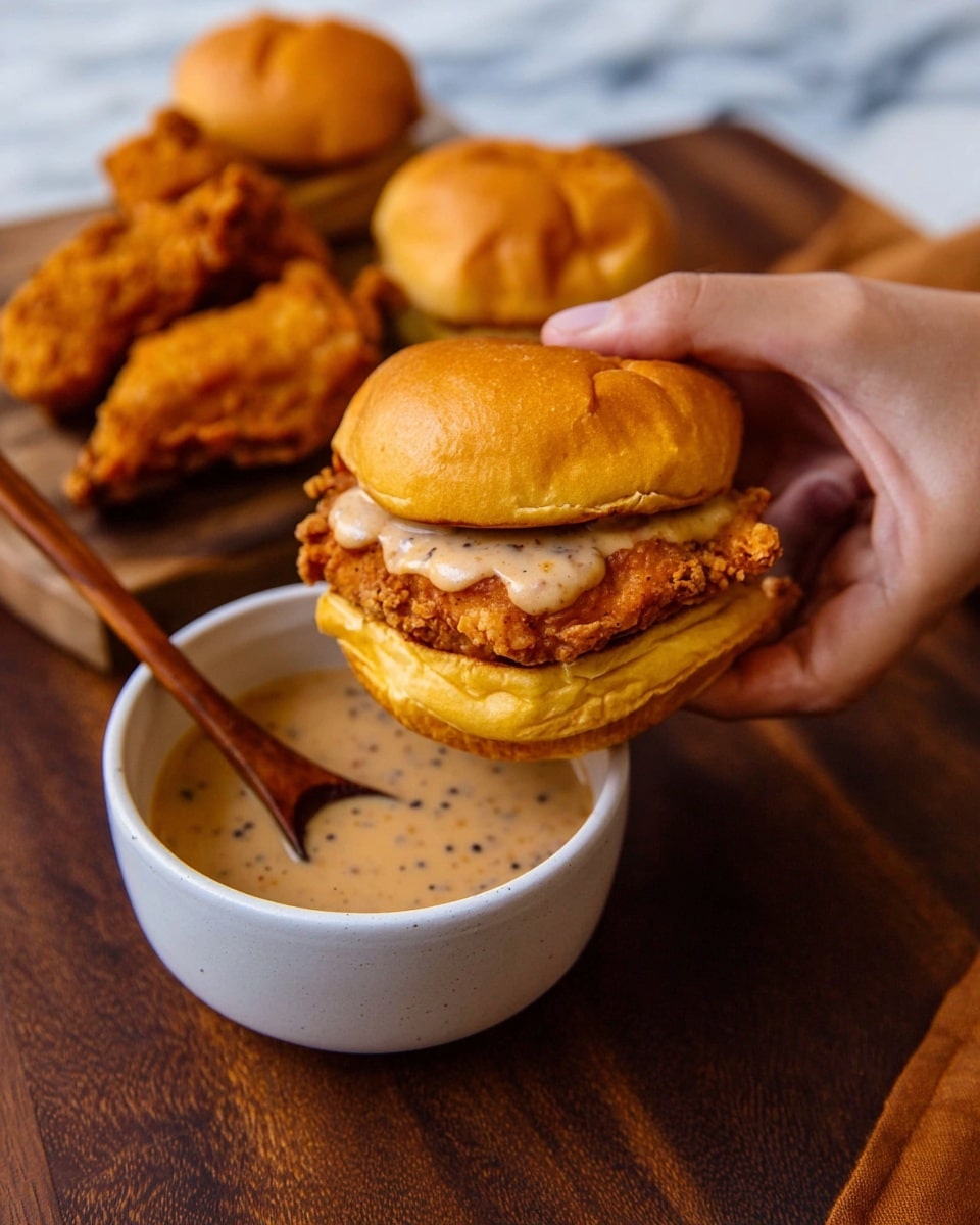 A woman's hand is holding a small sandwich with three visible layers: a golden brown soft bun on top, a crispy fried piece of chicken in the middle, and a creamy light brown sauce with dark specks layered between the chicken and the bun. Below the sandwich, there is a white bowl filled with the same sauce and a wooden spoon resting inside it. In the background, there are two more golden brown buns and two pieces of fried chicken on a dark wooden surface. The entire scene is set on a white marbled texture. photo taken with an iphone --ar 4:5 --v 7