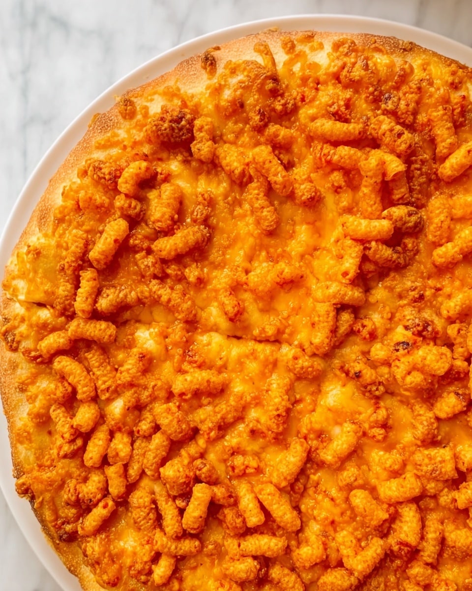 The image shows a close-up of a pizza topped with many bright orange crunchy cheese puff snacks spread evenly across the entire surface. The pizza crust is light brown and slightly visible around the edges beneath the thick layer of the cheese puffs. The texture on top is rough and bumpy from the cheese puff pieces, making the pizza look crunchy and cheesy. The pizza rests on a white plate that sits on a white marbled surface. photo taken with an iphone --ar 4:5 --v 7