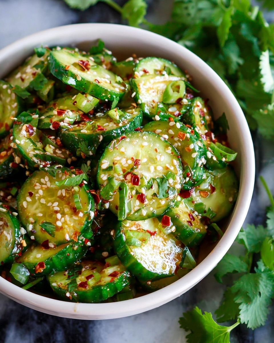 A white bowl filled with a fresh cucumber salad, showing thick cucumber slices with bright green skin and light green inside, scattered with white sesame seeds and red chili flakes. Small pieces of chopped green onion and fresh cilantro leaves are mixed in, adding multiple green shades. The texture looks moist and slightly shiny, with some rough chili flakes and crunchy sesame seeds on top. The bowl sits on a white marbled surface with some fresh cilantro leaves nearby. Photo taken with an iphone --ar 4:5 --v 7