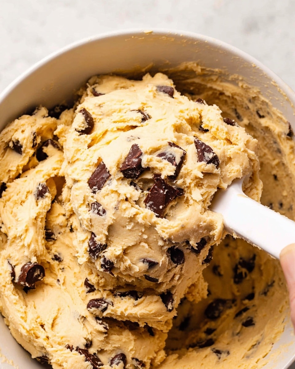 The image shows a close-up of thick, creamy cookie dough mixed with dark chocolate chunks and chips scattered throughout. The dough is pale yellow with a smooth but slightly textured surface. It fills a white bowl with a woman's hand holding a white spatula scooping up a portion of the dough from the right side of the frame. The background surface is a white marbled texture, and the lighting highlights the creamy texture of the dough and the glossy chocolate pieces photo taken with an iphone --ar 4:5 --v 7