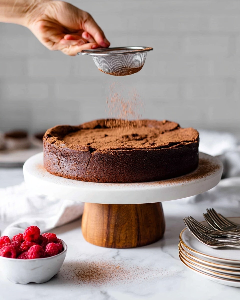 A deep, round chocolate cake with a cracked, rough top layer sits on a white plate with a raised wooden stand underneath. A woman's hand holds a small metal sieve above the cake, sprinkling fine brown powder evenly over the surface. The background and surface are white marble, and to the side, there is a small white bowl filled with red raspberries and two silver forks. Near the bottom right, there is a stack of white plates with gold rims. Photo taken with an iphone --ar 4:5 --v 7