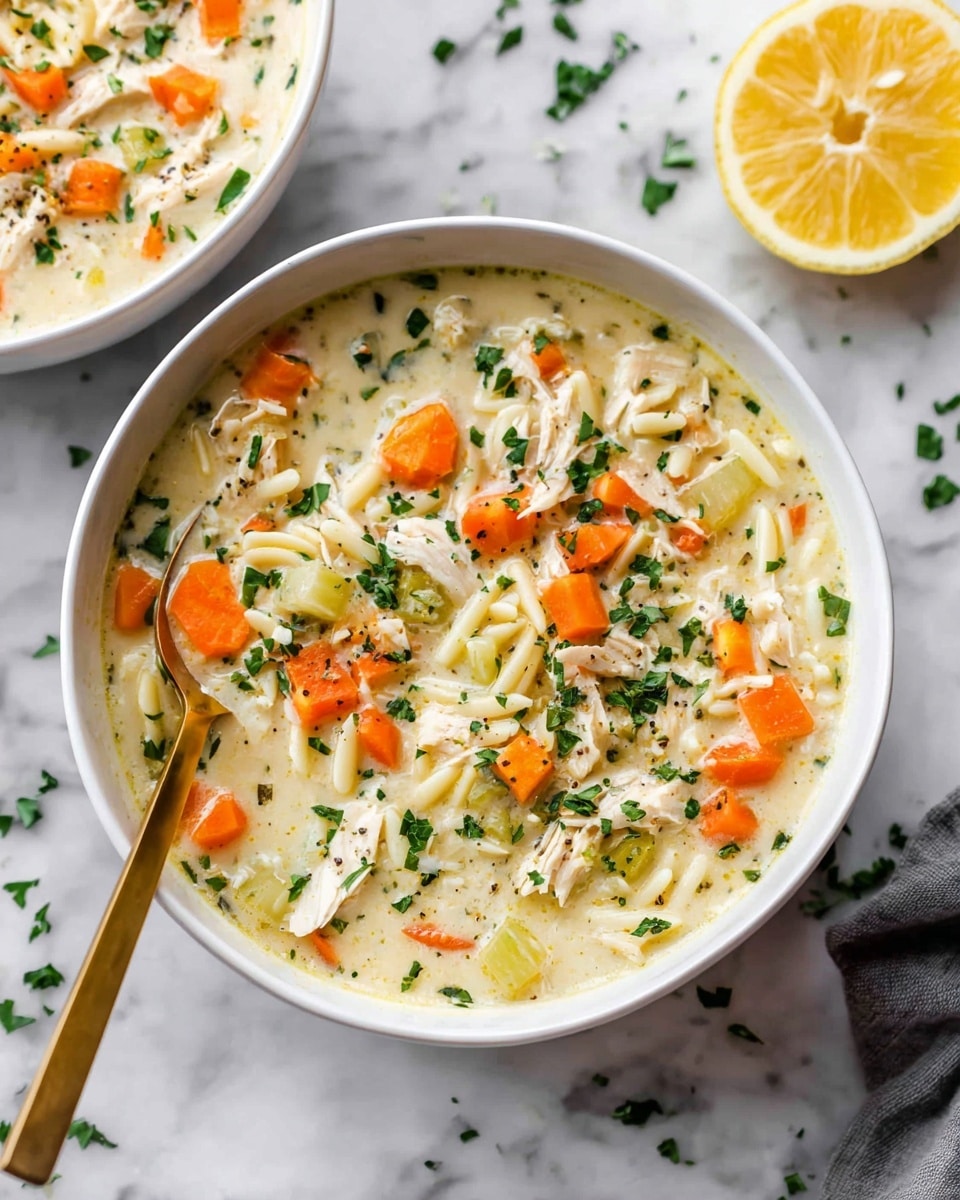 A white pot filled with creamy chicken soup is shown from above. The soup has small pieces of light pink chicken, orange carrots, and green celery mixed evenly in a thick pale yellow broth. Fresh green herbs are sprinkled on top, adding a pop of color. The pot has two white handles with the brand name visible, and it is placed on a white marbled surface that looks smooth and bright. photo taken with an iphone --ar 4:5 --v 7