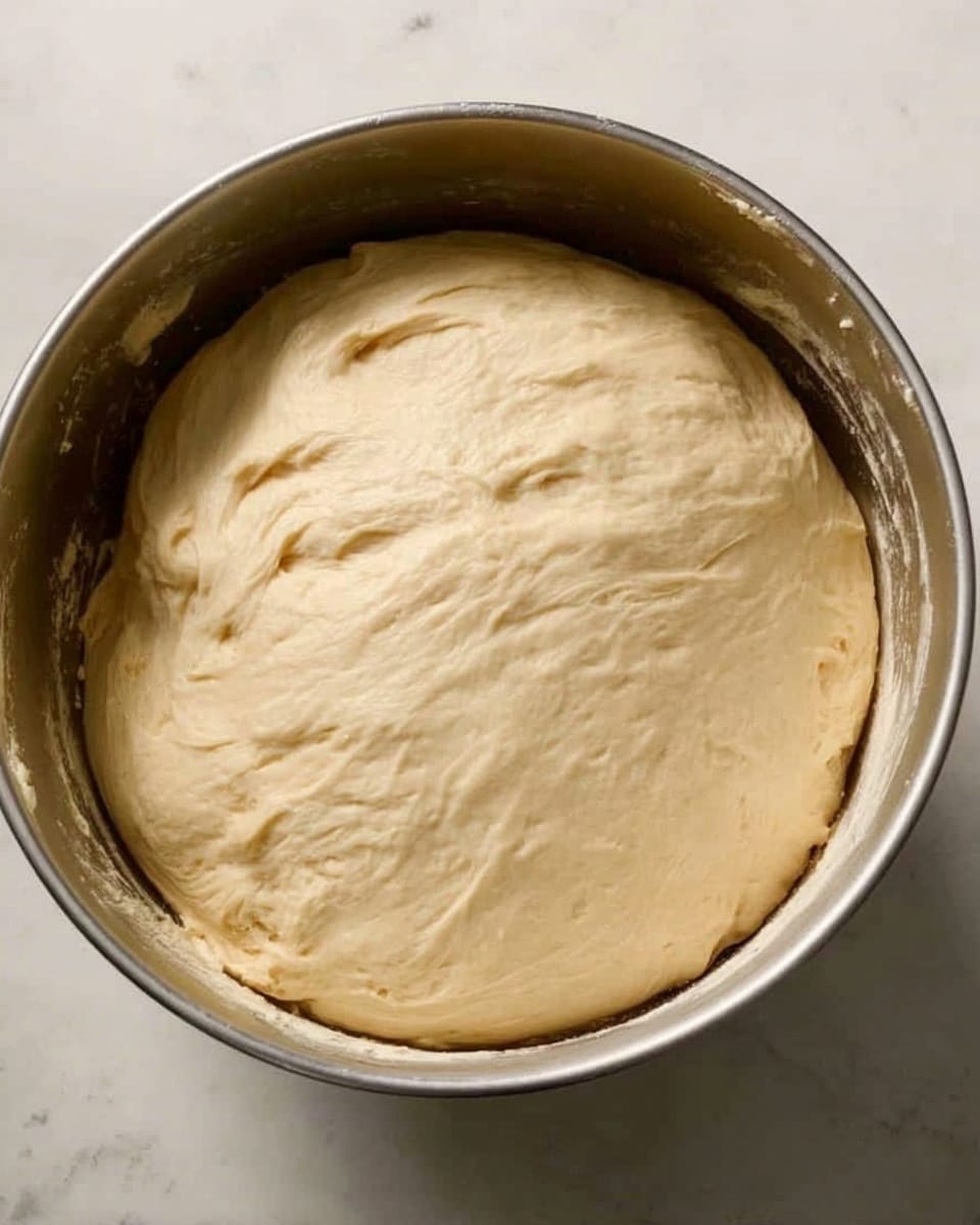 A thick, pale beige dough sits inside a round silver metal bowl. The surface of the dough is smooth with some light, soft wrinkles and slight indentations, showing a fresh and airy texture. The dough fills most of the bowl, touching the sides gently and forming a slightly domed top. The bowl rests on a white marbled surface. Photo taken with an iphone --ar 4:5 --v 7