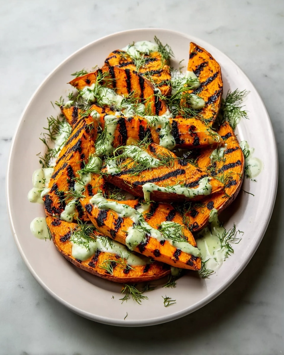 The dish shows grilled orange sweet potato slices with dark brown grill marks, arranged in overlapping layers on a white oval plate. The sweet potatoes are topped with small dollops and drizzles of light green herb sauce, and sprinkled with fresh green dill and coarse salt, adding texture and color contrast. The plate is placed on a white marbled surface. photo taken with an iphone --ar 4:5 --v 7