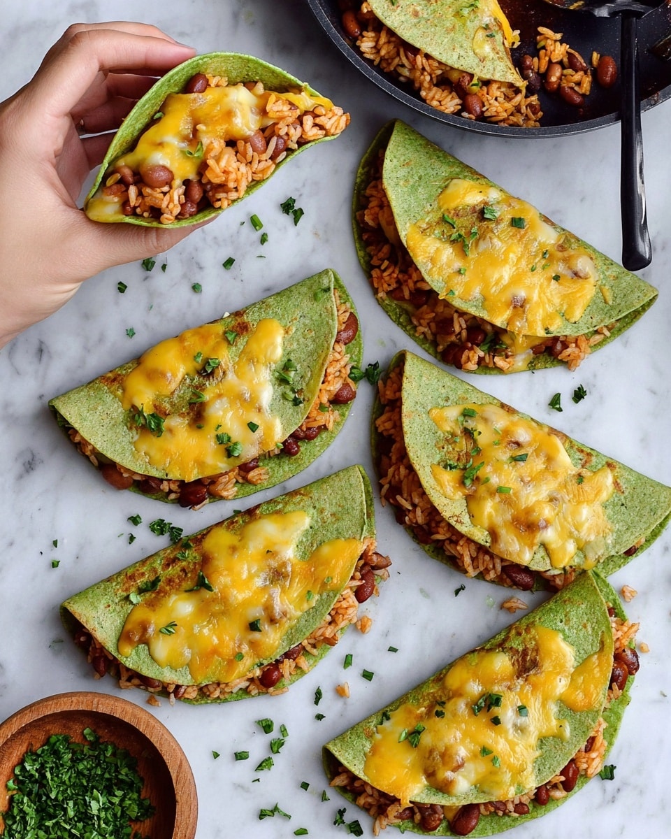 Multiple small green tortillas folded in half, each filled with three visible layers: a bottom layer of reddish-brown beans mixed with orange and light brown rice, a melted layer of yellow cheese with light brown melted spots, and a green tortilla wrapping around the fillings. The tacos are spread across a white marbled surface with small bits of chopped green herbs scattered around. In the top right, a woman's hand holds one taco gently, while a black pan with more bean and rice mixture and a black spoon is visible near the top. At the bottom left, a small wooden bowl contains chopped green herbs. photo taken with an iphone --ar 4:5 --v 7