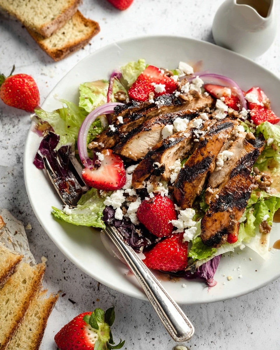 A white plate holds a vibrant salad with three main layers. The bottom layer is pale green lettuce leaves, fresh and torn into pieces. On top of the lettuce are thick, grilled slices of dark brown chicken with char marks for texture. Scattered among the chicken are bright red strawberry slices and thin rings of purple-red onion. Crumbled white cheese is sprinkled generously over the top, and small bits of chopped nuts add a crunchy touch. A silver fork rests on the salad. Around the plate, on a white marbled surface, are a few pieces of toasted brown bread and a white sauce jug. photo taken with an iphone --ar 4:5 --v 7