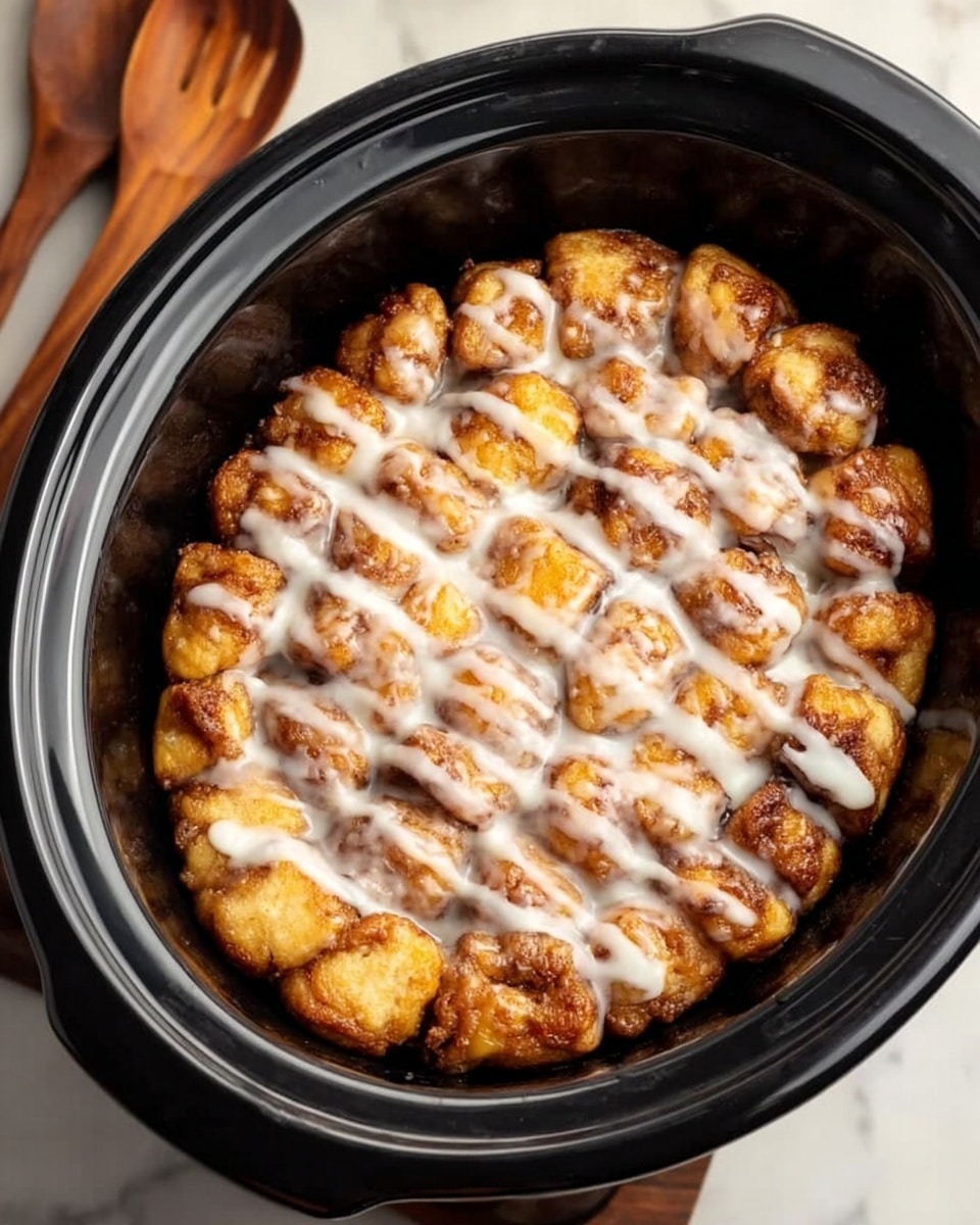 Inside a black slow cooker, there is a round layer of golden-brown monkey bread made of small, soft pieces of dough clumped closely together. Each dough piece shows a texture of baked bread with some darker brown spots from baking. A smooth, white icing is drizzled generously over the top, creating thin, flowing lines that contrast with the warm color of the bread. The slow cooker sits on a white marbled surface with wooden utensils nearby. photo taken with an iphone --ar 4:5 --v 7