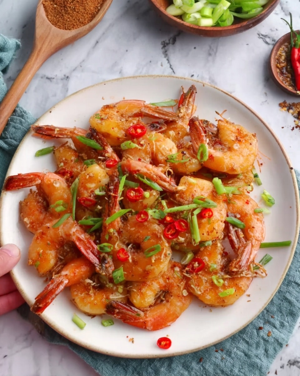 The image shows a white plate filled with cooked shrimp that are golden orange in color and garnished with small red chili pieces and sliced green onions scattered on top. The shrimp have their tails and shells partially on, with a slightly shiny and textured surface indicating they are cooked with a sauce. The plate sits on a white marbled surface, and in the background, there is a wooden spoon with a brown spice and a small bowl with chopped fresh vegetables. A woman's hand is reaching towards the plate. photo taken with an iphone --ar 4:5 --v 7