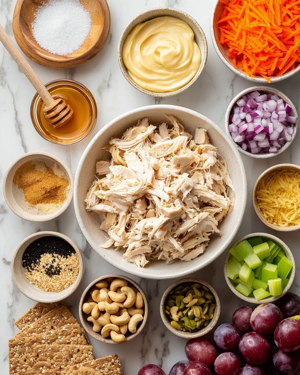 A large white bowl filled with shredded light beige chicken sits in the center surrounded by smaller bowls holding different ingredients: creamy pale yellow mayonnaise; golden honey with a wooden dipper; finely chopped purple and white onions; a mix of black pepper and white salt; bright orange shredded carrots; beige ground spices; smooth yellow mustard; small light green celery pieces; whole cashew nuts in light brown; and light brown crackers with seeds. There is also a small bunch of red grapes on the side, all arranged on a white marbled surface. Photo taken with an iphone --ar 4:5 --v 7