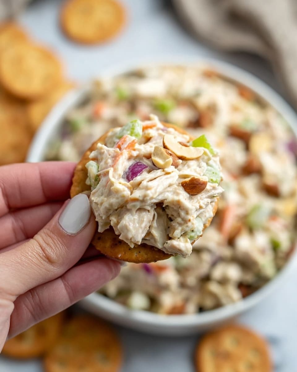 A close-up of a woman’s hand holding a small, light brown cracker topped with a thick mix of creamy white shredded chicken salad. The salad includes small pieces of green celery, orange carrot shreds, and bits of purple onion, with some light brown nuts scattered throughout. In the background, there is a white bowl filled with more of the creamy chicken salad, and some more crackers are visible around the bowl. The whole scene sits on a white marbled textured surface. photo taken with an iphone --ar 4:5 --v 7