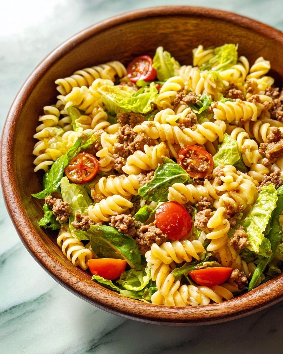A wooden bowl holds a colorful pasta salad with three main layers: the bottom layer is fresh green lettuce leaves with a slightly shiny texture, the middle layer is spiral-shaped pasta with a light orange tint from the sauce, and the top layer includes small bright red cherry tomato halves and dark brown ground meat pieces scattered throughout. The bowl sits on a green plate, with a blurred blue background behind it. photo taken with an iphone --ar 4:5 --v 7