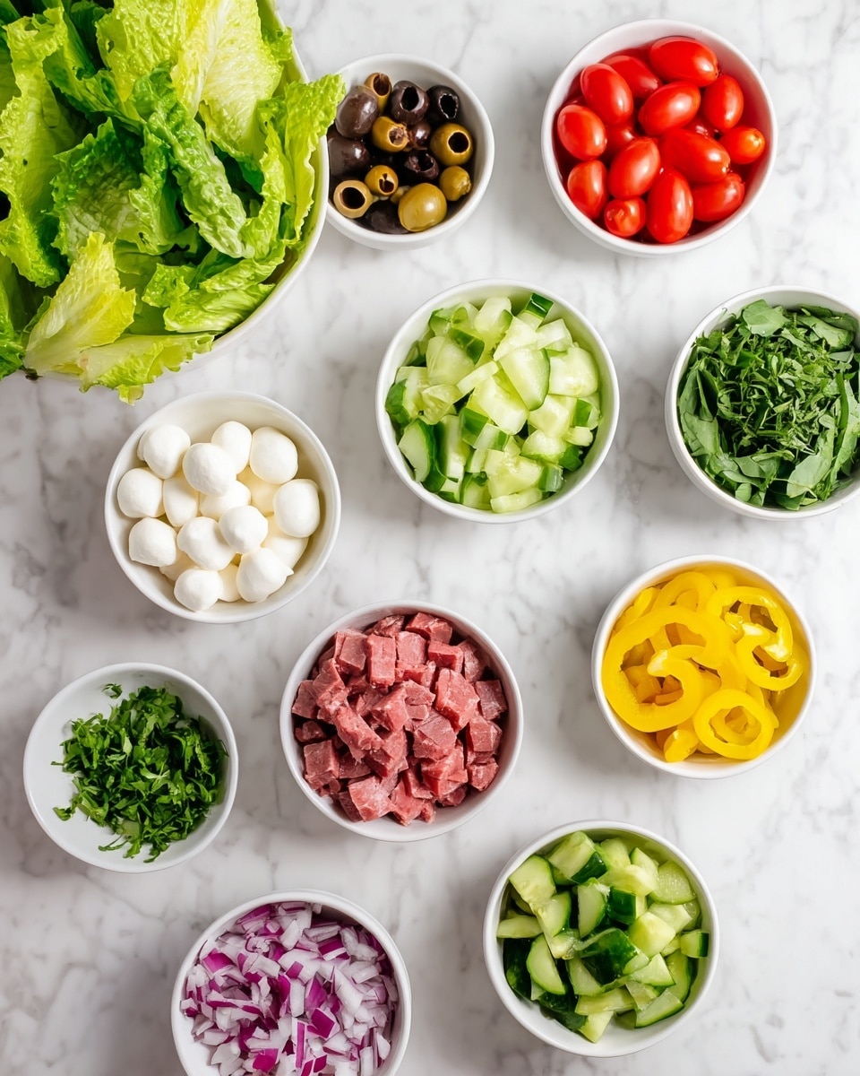 A white bowl filled with bright green leafy lettuce takes the top left spot on a white marbled surface. Surrounding it are smaller white bowls arranged in a loose circle: at the top right, one bowl holds halved vibrant red cherry tomatoes; below it, a smaller bowl contains dark sliced olives; next is a bowl with fresh chopped green herbs; beside that, a bowl with bright yellow ring-shaped sliced peppers; below in the center right sits a bowl of chopped cucumbers showing light and dark green shades; near the middle bottom, there is a bowl of diced red onions showing purples and whites; to the left side a bowl of fresh light green chopped green peppers; next to that is a bowl of diced pinkish-red meat; above this, a bowl with small smooth white mozzarella balls; and a small bowl of shredded dark green leafy basil completes the circle. Photo taken with an iphone --ar 4:5 --v 7