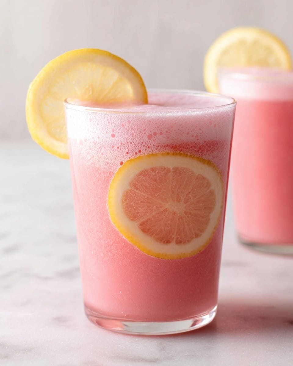A clear glass filled with three layers of a smooth, frothy pink drink. Inside the drink, there are two thin lemon slices pressed against the glass, one near the top and a larger one near the bottom. The drink has a thick texture with tiny bubbles visible throughout. In the background, there is a second glass with a similar pink drink and a lemon slice visible. Both glasses sit on a white marbled surface with a soft, light background. Photo taken with an iphone --ar 4:5 --v 7