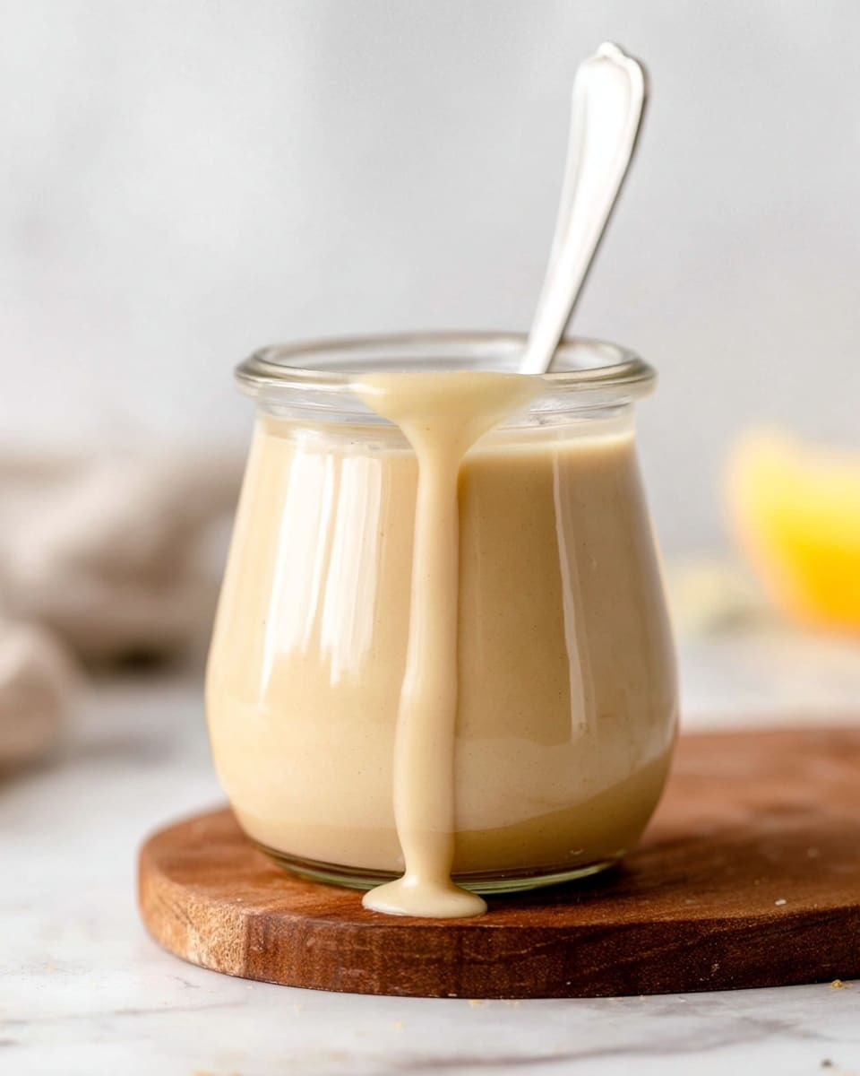 A small clear glass jar filled with smooth, creamy beige sauce that is thick enough to drip slowly down the side, with one drip pooling at the bottom on a wooden board. A silver spoon is placed inside the jar with the handle sticking out. The background and surface are white marbled texture, and a blurred yellow object is in the far right background. photo taken with an iphone --ar 4:5 --v 7
