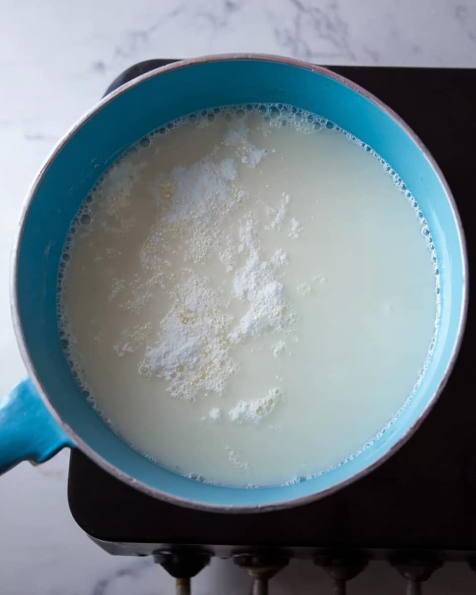A light blue pot filled with white milk that has some white powder sprinkled on top. The pot is on a black stove, and the milk surface looks smooth with a few small bubbles near the edges, all set against a white marbled background. Photo taken with an iphone --ar 4:5 --v 7