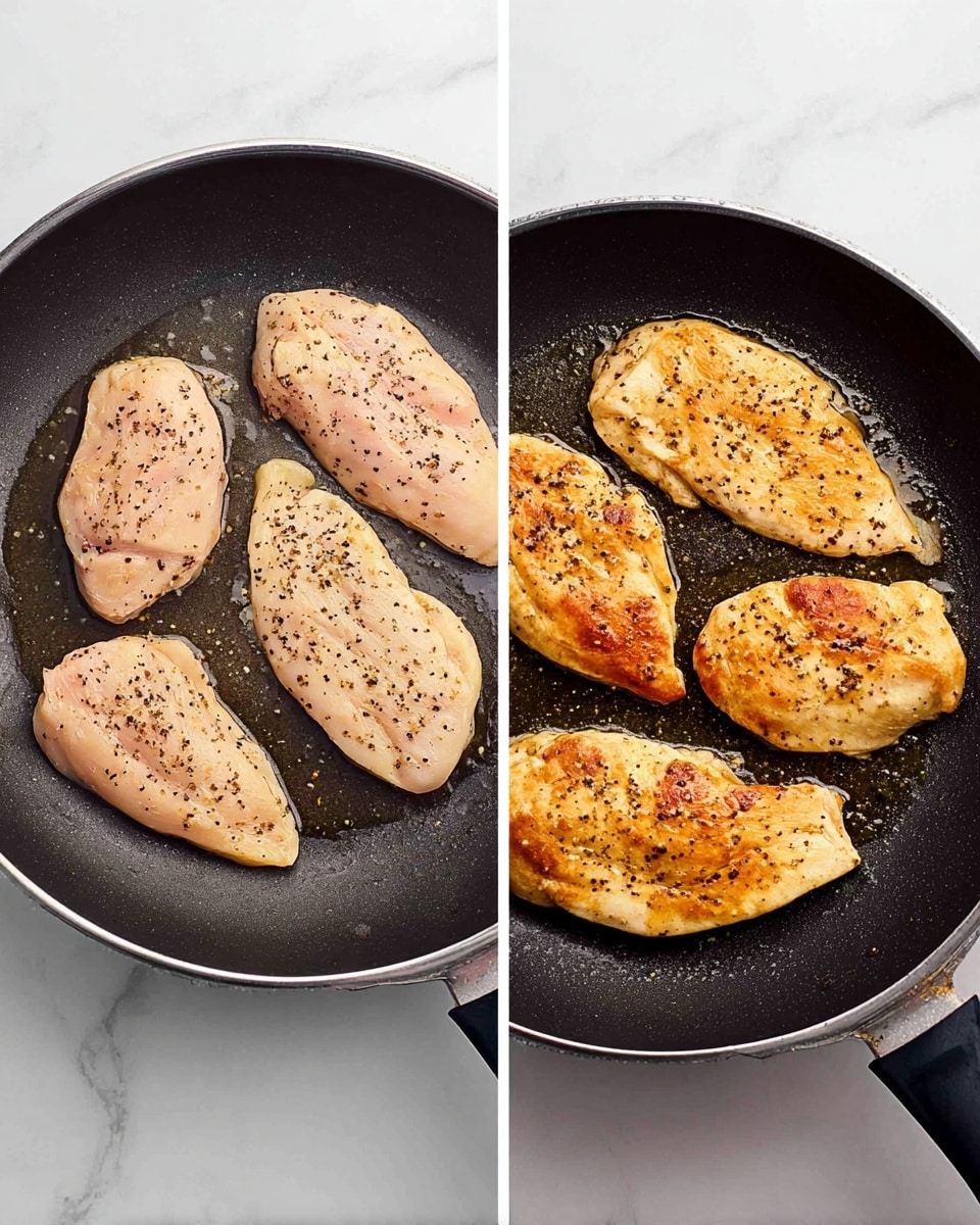 The image shows two side-by-side views of a black frying pan on a white marbled surface. On the left side, the pan has three raw chicken pieces lightly seasoned with black pepper, with a slight shine from the oil. On the right side, the same pan holds the chicken pieces now cooked to a golden brown with some darker spots from cooking, still showing the black pepper. The pan's surface looks slightly shiny from the cooking oil. photo taken with an iphone --ar 4:5 --v 7