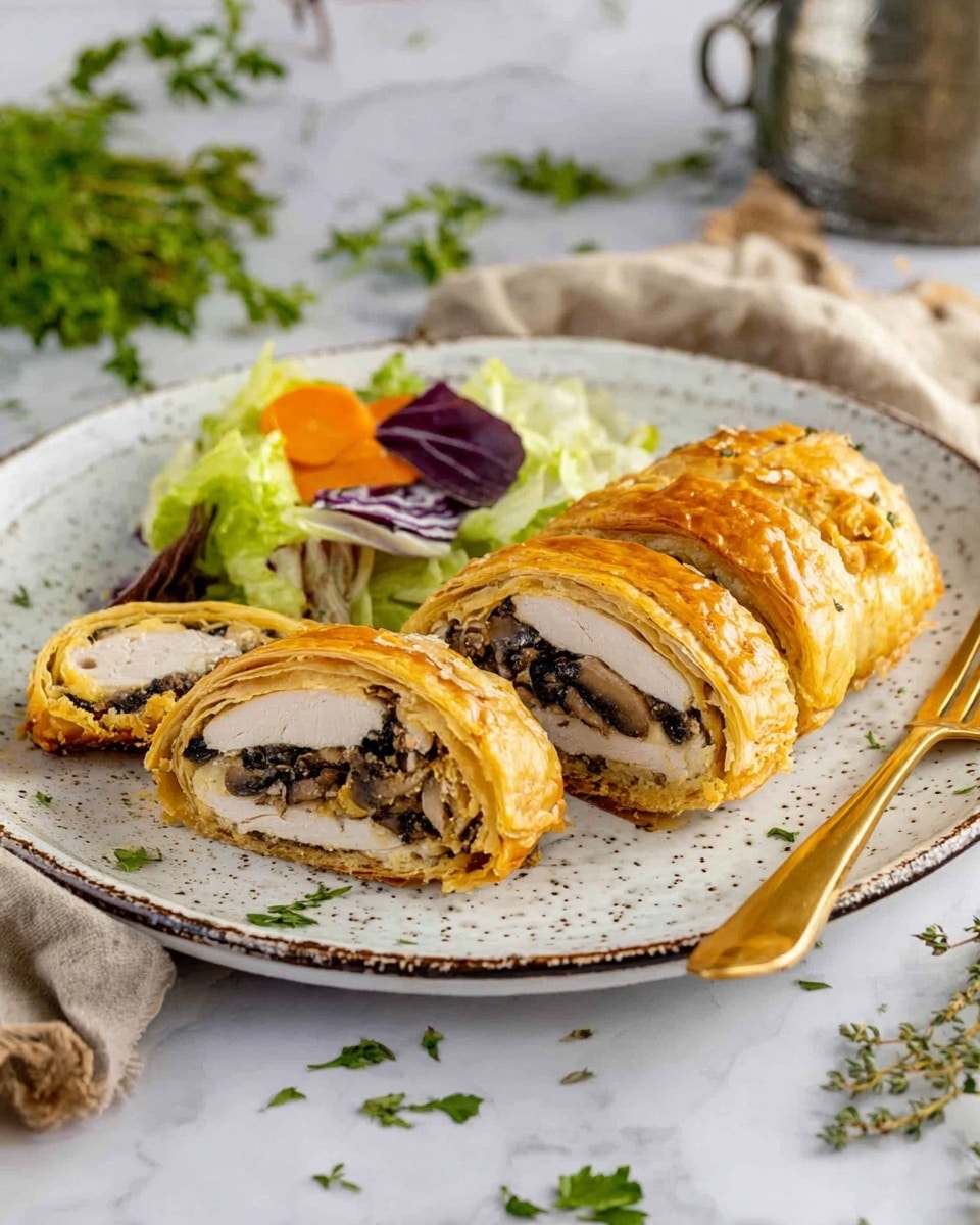 The image shows a white speckled plate with a golden brown puff pastry roll sliced into three pieces, revealing a thick white meat filling surrounded by a dark mushroom and herb mixture inside the flaky pastry layers. Next to the pastry on the plate is a small side salad with light green lettuce, thin orange carrot slices, purple cabbage strips, and a few parsley leaves. A golden fork partially rests on the edge of the plate near the sliced pastry. The plate sits on a white marbled surface with loose green herbs scattered around and a blurred cloth and metallic container in the background. Photo taken with an iphone --ar 4:5 --v 7