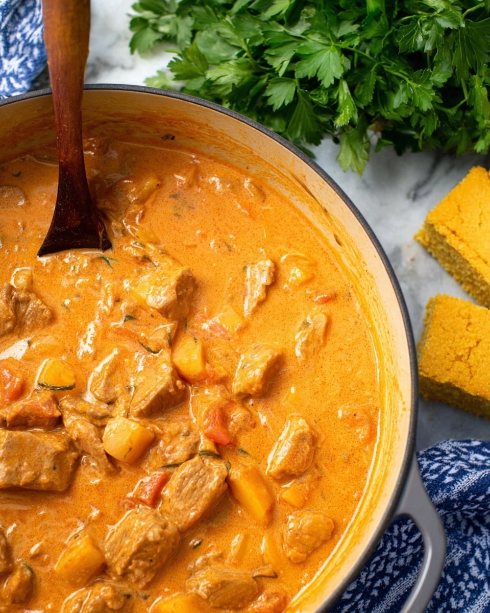The image shows a close-up of a large deep pan filled with a creamy orange stew. The stew has several chunky pieces of meat and soft vegetables, mostly cubes and small bits, all coated in a thick smooth sauce. A wooden spoon with a dark tip is partially submerged in the stew on the left side of the pan. Behind the pan, there is a small bunch of fresh green parsley and three golden, square cornbread pieces stacked on a white marbled surface, next to a blue and white cloth. The whole scene is bright and colorful, focusing on the rich texture of the stew. Photo taken with an iphone --ar 4:5 --v 7